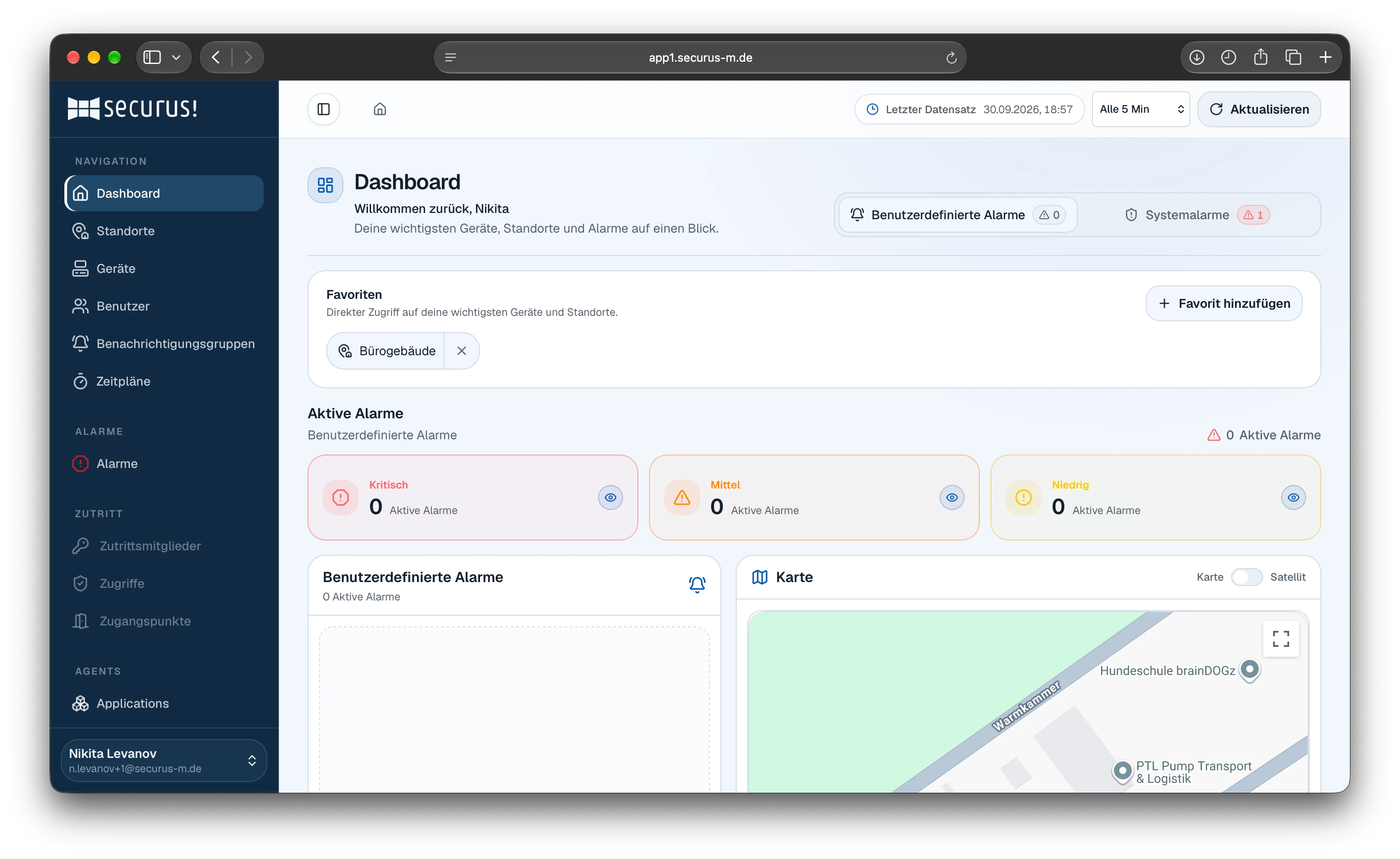 SECURUS Dashboard mit aktiven Alarmen nach Priorität, Favoriten und Karte